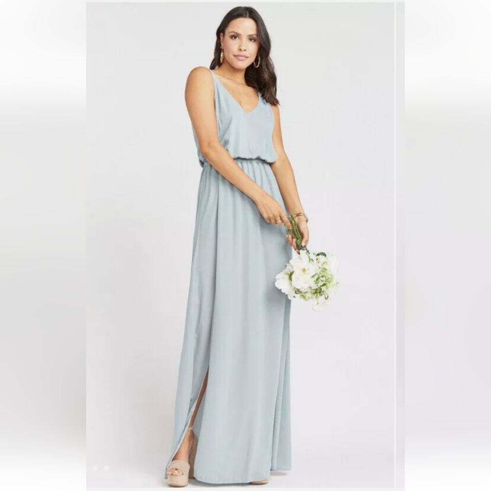 Show Me Your Mumu Kendall Maxi Dress V Neck Slit Blouson Silver Sage Blue Large